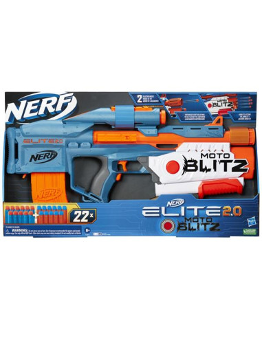 Pistola Nerf Elite 2.0 Motorblitz CS- 10. Carga 10 dardos y lanza hasta 6 seguidos presionando el botón Blitz.
