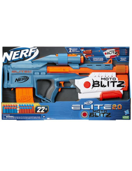 Pistola Nerf Elite 2.0 Motorblitz CS- 10. Carga 10 dardos y lanza hasta 6 seguidos presionando el botón Blitz.