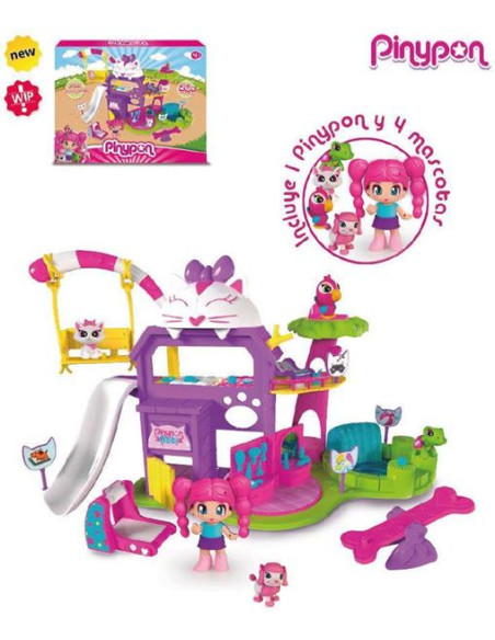 Pinypon Guardería de Mascotas con 4 animales (perro, gato, tortuga y pajaro), incluye figura Pinypon y muchos accesorios