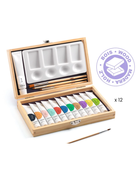 DJECO - CAJA DE MADERA 12 TUBOS DE TEMPERAS